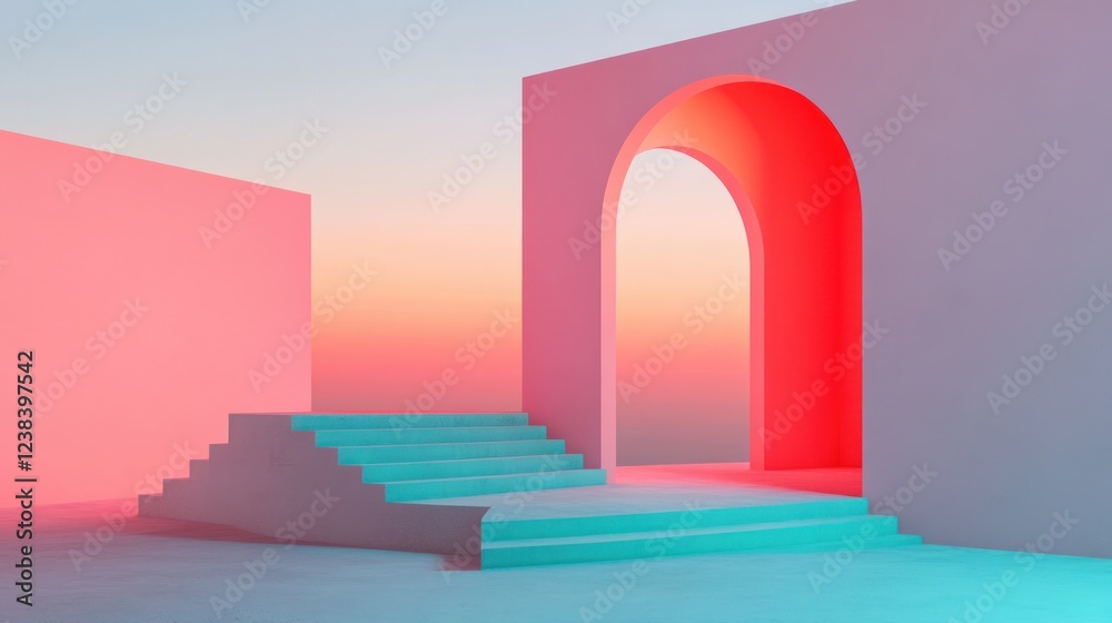 Poster abstract geometric composition featuring vibrant arches and steps in pastel colors against a colorfu