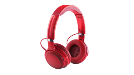 Red wireless headphones isolated on transparent background