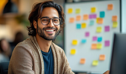  A photo of an Indian man smiling while presenting in front of his team