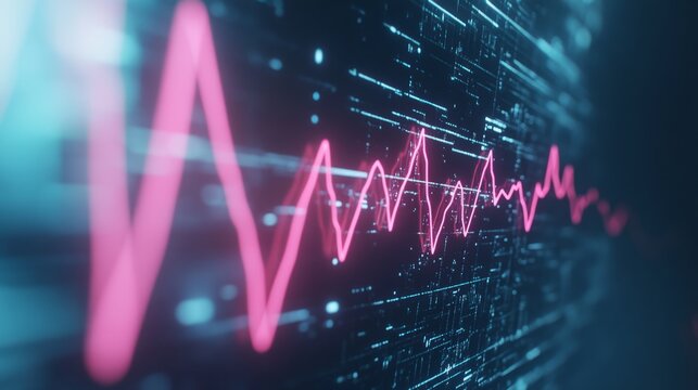 Neon Pink Digital Heart Pulsing with Data Streams in Technological Landscape with Copy Space