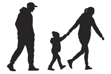 Silhouette Family Walking Together. Father, Mother & Child Vector Illustration