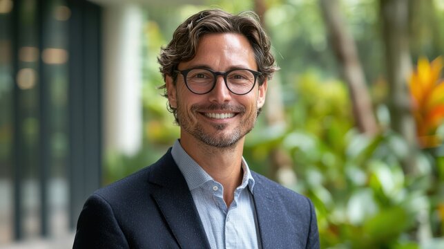 smiling man in suit stands outdoors surrounded by greenery, showcasing professional yet approachable demeanor
