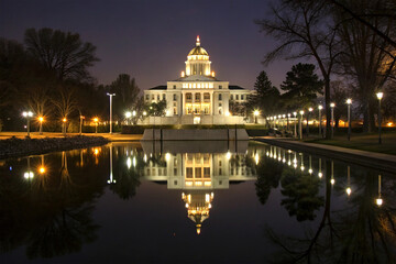 Fototapeta premium Illuminated building with reflections on water