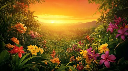 Fototapeta premium Lush tropical flowers blooming at sunset in the jungle