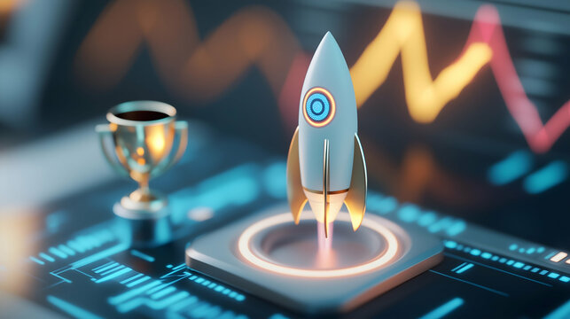 A sleek rocket model alongside a trophy, set against a backdrop of financial graphs, symbolizes innovation, achievement, and growth.