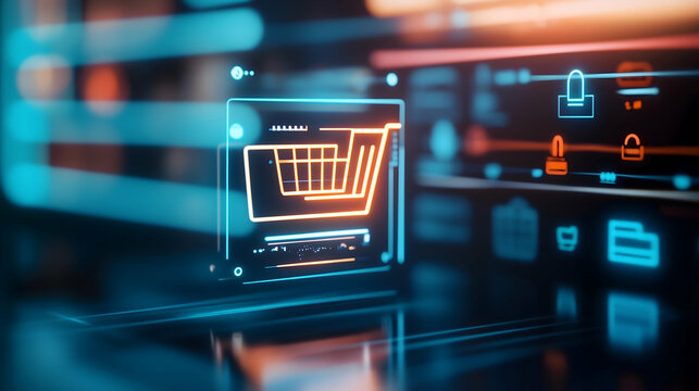 A futuristic shopping cart icon displayed on a digital interface, symbolizing e-commerce and online shopping technologies.