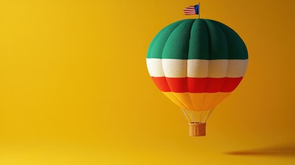Obraz premium A colorful hot air balloon with stripes floats against a bright yellow background, featuring an American flag on top.