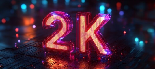 Glowing 2K Neon Sign on Futuristic, Abstract Background, Celebration Concept, 3D Render
