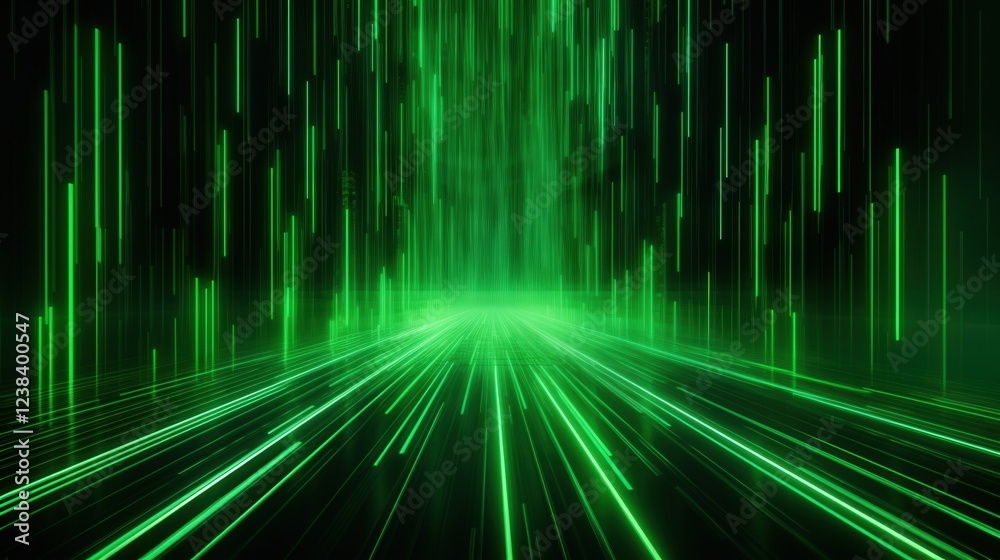 Poster abstract 3d render of vertical green light beams in a futuristic environment with empty perspective 