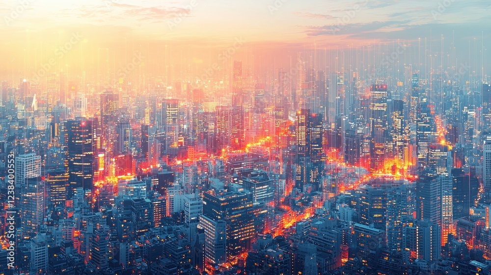 Aufkleber vibrant urban landscape at dusk with illuminated skyscrapers and digital data overlay in a modern ci