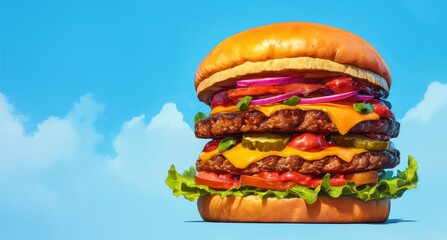 A photo of an enormous double cheeseburger with layers of fresh vegetables and melted cheddar, against bold lines and vibrant colors.