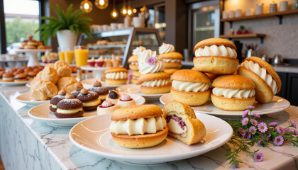 Elegant pastry display in modern bakery, culinary artistry