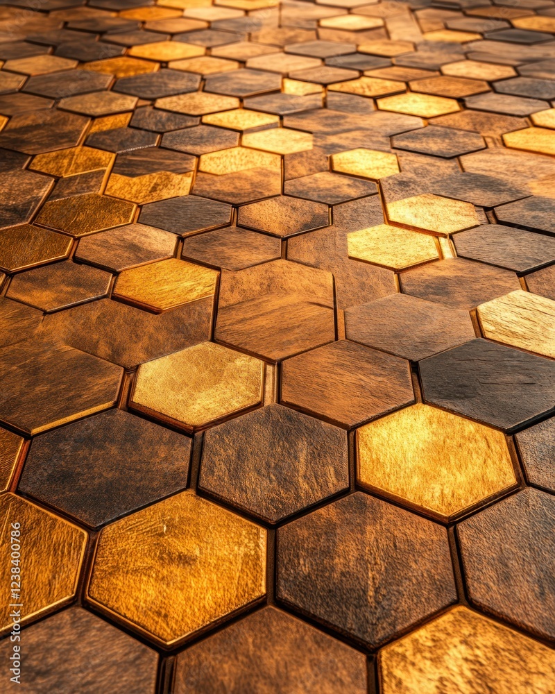 Poster Stunning Golden Honeycomb Pattern with Illuminated Hexagonal Tiles for Modern Interior Design