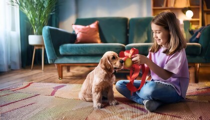 A young girl treasures her time with a cheerful puppy, playing with a colorful toy in a cozy room.