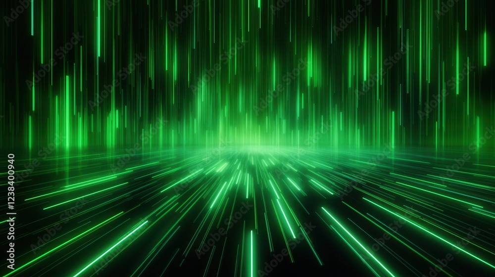 Poster abstract 3d render of green linear motion with light rays and dynamic background creating a futurist
