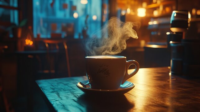 A steaming mug of coffee sits in a cozy caf?, enveloped in a soft, warm glow. Smoke gently curls from the cup's surface, adding a touch of allure to the aromatic brew. 