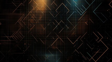 Fototapeta premium A digital abstract background featuring geometric patterns and vibrant lines in shades of blue, orange, and black.