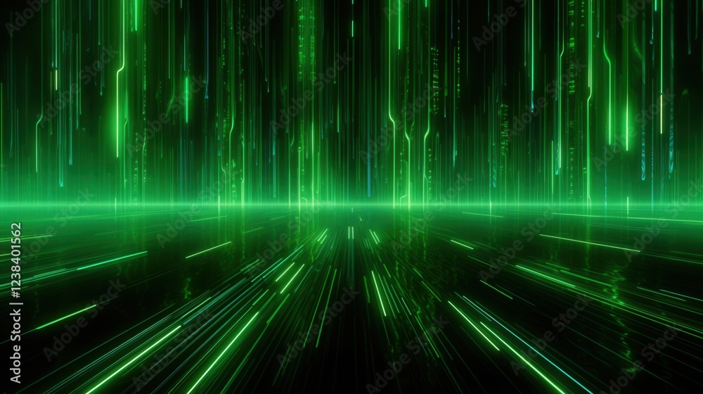 Poster dynamic green abstract background with futuristic lines and data in a 3d render for modern digital v