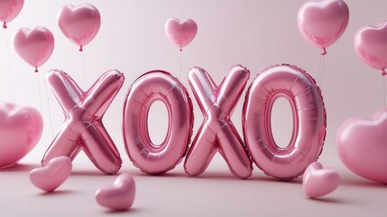 Pink metallic "XOXO" balloon letters with surrounding pink heart - shaped balloons, ideal for Valentine's Day.