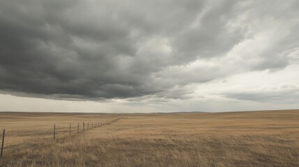 Fototapeta premium Stormy Prairie Landscape Fence, Dry Grass, Approaching Storm