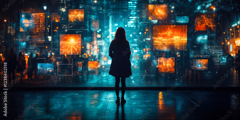 Poster ai-driven content curation visualized as dynamic digital archive interface art
