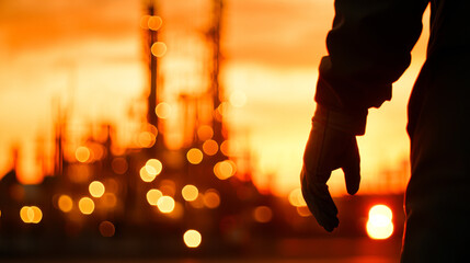 silhouette of worker in glove against sunset backdrop of oil and gas facility, conveying sense of industry and dedication