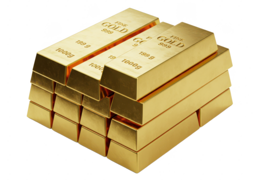 stack of gold bars isolated on white background, no depth of field, sharp.