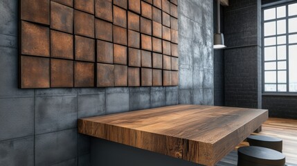 Industrial loft with a touch of elegance, metal and wood accents, modern decor, warm ambiance