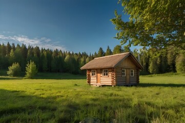 Obraz premium Small wooden cabin in a green field surrounded by trees under a clear blue sky captured in a tranquil rural setting with no people.