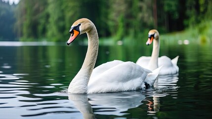 Obraz premium Wildlife encounter nature idea. Two elegant swans gracefully swimming in a serene lake surrounded by lush greenery.
