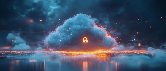 A cloud with a digital lock, surrounded by secure data lines and encryption symbols, representing access control and security management in cloud environments