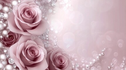 Soft pink roses adorned with pearls and diamonds on a gentle pink background with bokeh effect, ideal for Valentine's Day.