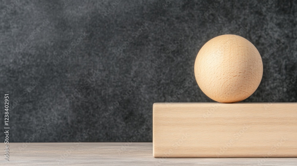 Poster minimalist arrangement of wooden sphere balancing on wooden block on textured dark background