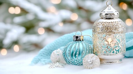 Elegant Silver Lantern with Teal Christmas Ornaments and Snow