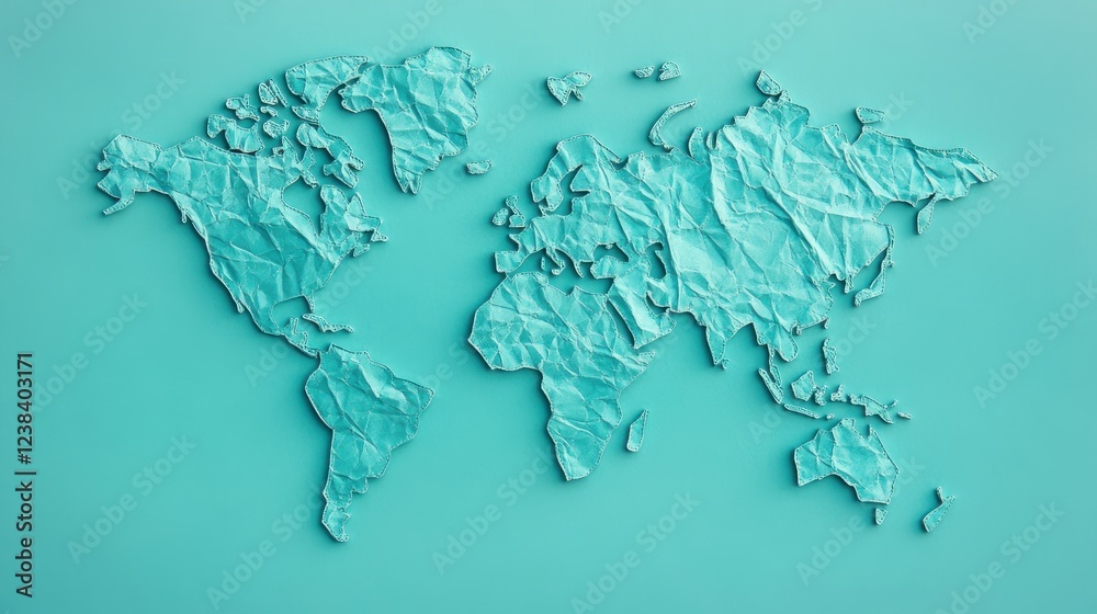 Poster Crumpled Paper World Map Design on Soft Turquoise Background for Creative Projects and Travel Themes