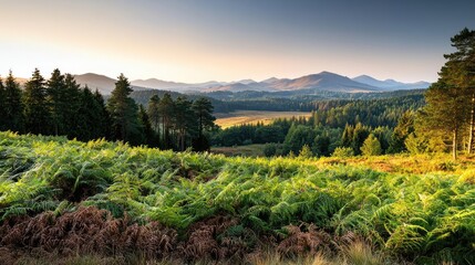 Obraz premium Golden hour forest nature concept. A serene view of lush greenery and mountain peaks under a vibrant sunset sky.