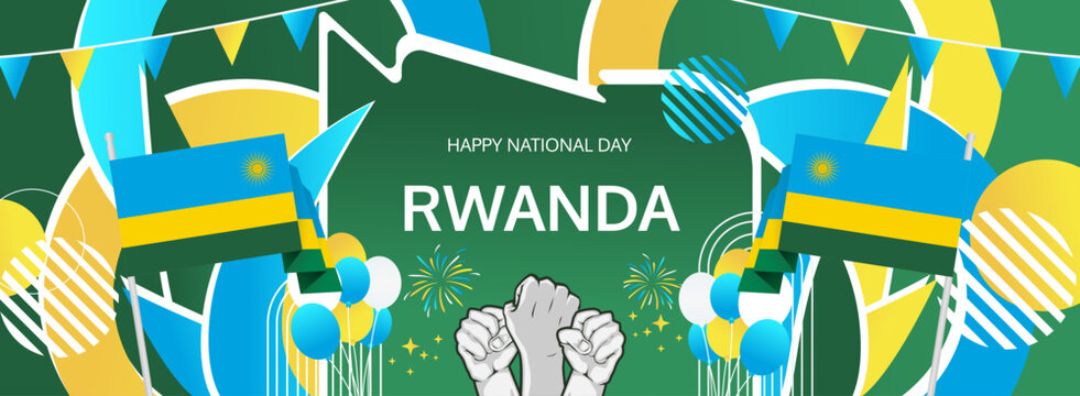 Happy independence day Rwanda. Horizontal poster of Rwanda national day with flag. July 1. Festive design concept for holiday celebration banner, greeting card, feast and congratulations