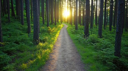 Fototapeta premium Golden hour forest nature concept. A serene forest path illuminated by warm sunlight amidst lush green foliage.