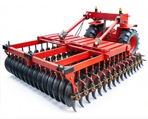 Obraz premium Red tractor disk harrow, farm equipment, agricultural machinery, heavy duty tiller