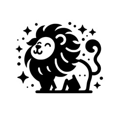 Adorable Cartoon Lion: Majestic Jungle King, Cute Animal Illustration, Black and White Design