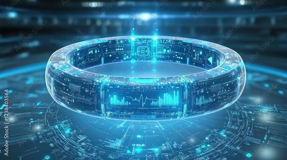 Poster Futuristic Digital Interface with Holographic Elements and Data Visualization in Technology Concept