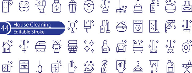 House Cleaning Line Editable Icons set. Vector illustration in modern thin line style of cleaning service related icons. detergents, cleaning equipment, household appliances, and more.