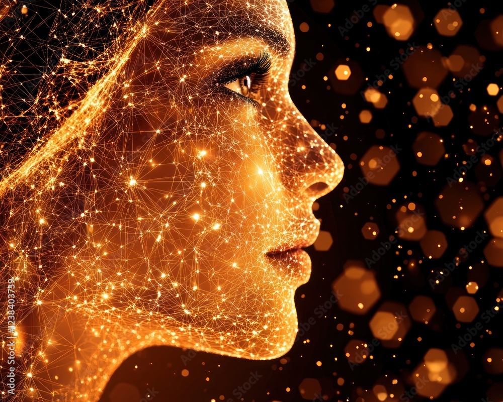 Poster abstract representation of a woman’s profile with glowing connections and sparkling lights in a dark
