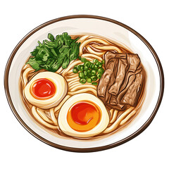 Delicious Udon Noodle Soup: A vibrant illustration of a steaming bowl of udon noodle soup, featuring tender beef slices, soft-boiled eggs, and fresh garnishes. A culinary delight! 