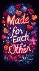 Neon "Made for Each Other" text surrounded by glowing hearts and chocolates: Neon Valentine Text Message