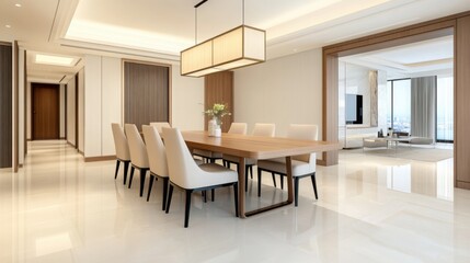 Minimalist dining area, elegant wooden table, neutral chairs, pendant lighting, open and airy, stylish 