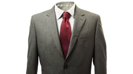Grey suit and red tie with transparent background representing business attire
