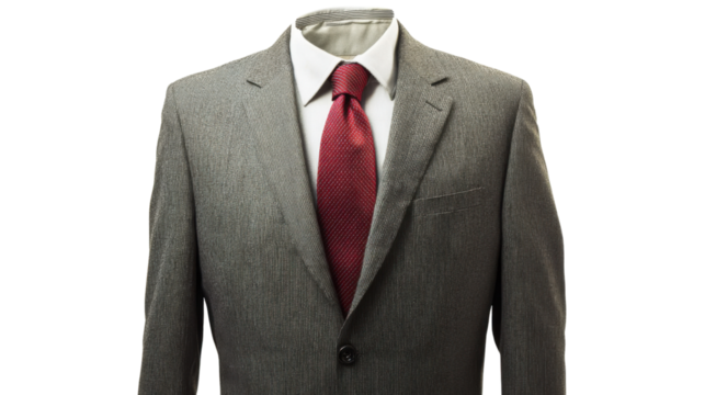 Grey suit and red tie with transparent background representing business attire