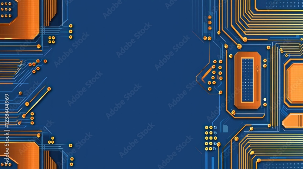 Poster Abstract Technology Background with Blue and Orange Circuit Patterns and Geometric Designs for Innovation and Digital Themes