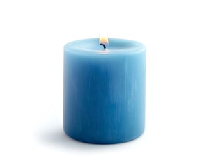 Blue cylindrical candle with a lit wick on a white background.